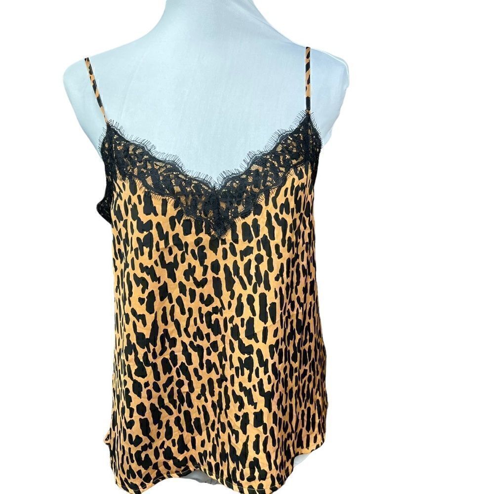 bp Camisole V Neck Leopard Print Brown Black Lace Fringe Spaghetti Straps Small